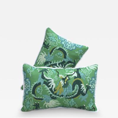 Contemporary Pillow Pair in Cotton and Green Dragon Print