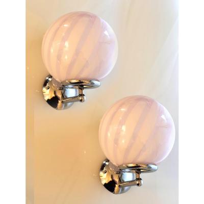 Contemporary Pink Swirl Rods Murano Glass Wall Sconce Set of Two