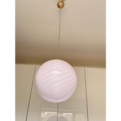 Contemporary Pink Swirl and Milky White Sphere Pendant in Murano Glass