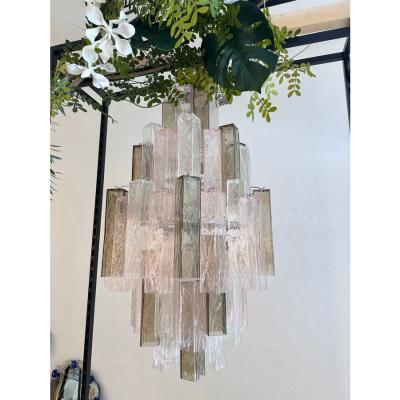 Contemporary Pink and Fum Squared Bark Murano Glass Chandelier