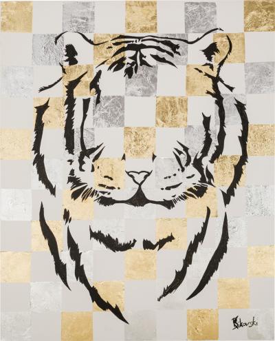 Contemporary Precious Metal Leaf And Acrylic Painting Of A Tiger On Canvas