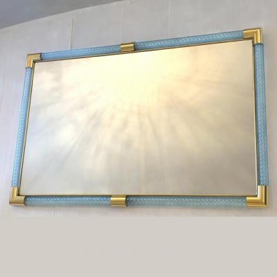 Contemporary Rectangular Light Blue Mirror Torchon Torciglione Murano Glass
