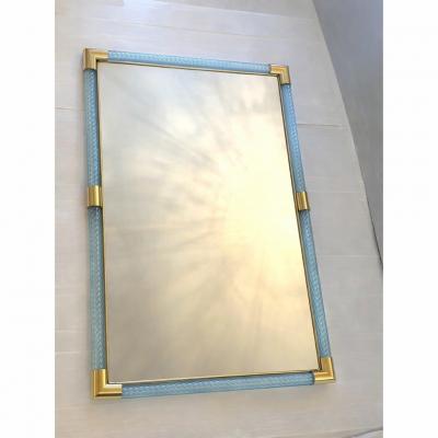 Contemporary Rectangular Light Blue Mirror Torchon Torciglione Murano Glass