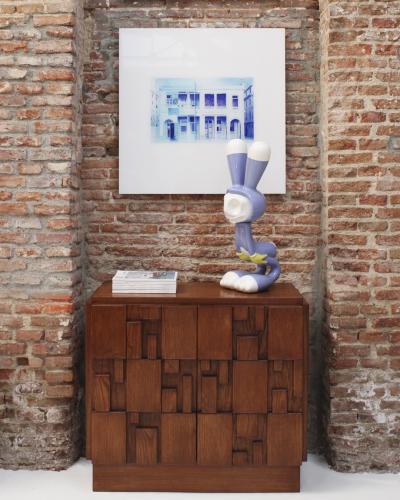 Contemporary Rectangular Patern Brutalist Solid Wood Pair Of Italian Sideboards