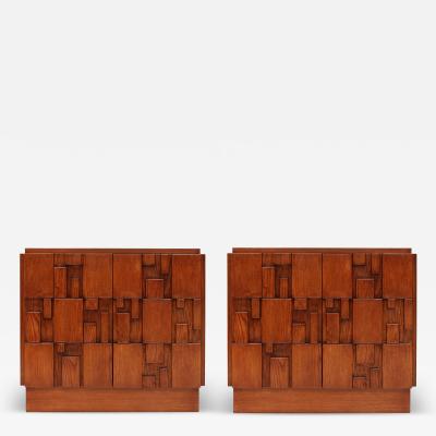 Contemporary Rectangular Patern Brutalist Solid Wood Pair Of Italian Sideboards