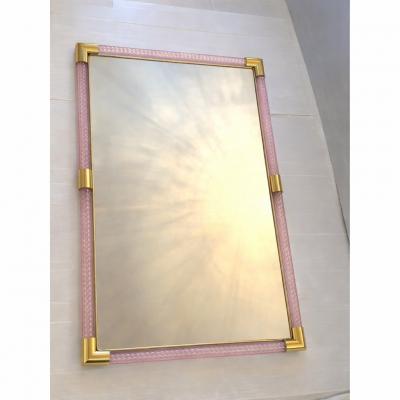 Contemporary Rectangular Pink and Gold Mirror With Torchon Murano Glass