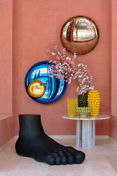 Contemporary Round Concave Mirror in Blue and Yellow Glass made in France