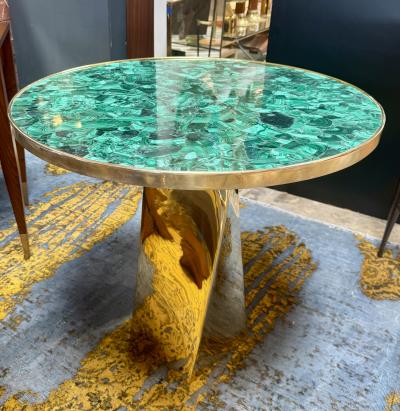 Contemporary Round Malachite Stone Top Dining Table with Solid Brass Base
