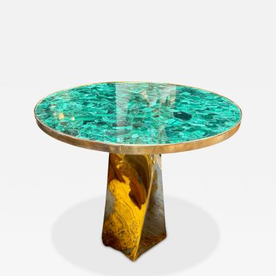 Contemporary Round Malachite Stone Top Dining Table with Solid Brass Base