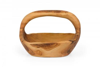 Contemporary Rustic Modern Organic Form Small Olive Wood Basket