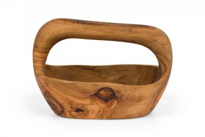Contemporary Rustic Modern Organic Form Small Olive Wood Basket