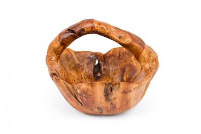 Contemporary Rustic Organically Shaped Olive Wood Basket with Handle