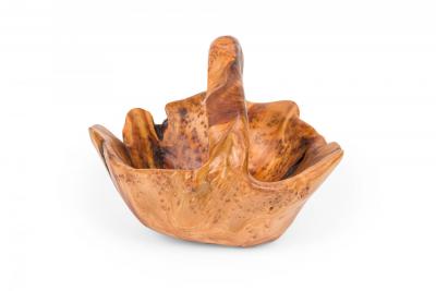 Contemporary Rustic Organically Shaped Olive Wood Basket with Handle