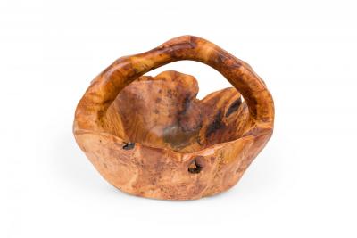 Contemporary Rustic Organically Shaped Olive Wood Basket with Handle