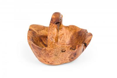 Contemporary Rustic Organically Shaped Olive Wood Basket with Handle