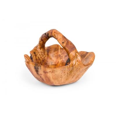Contemporary Rustic Organically Shaped Olive Wood Basket with Handle