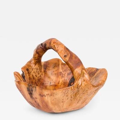 Contemporary Rustic Organically Shaped Olive Wood Basket with Handle