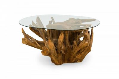 Contemporary Rustic Tree Root and Clear Oval Glass Coffee Table