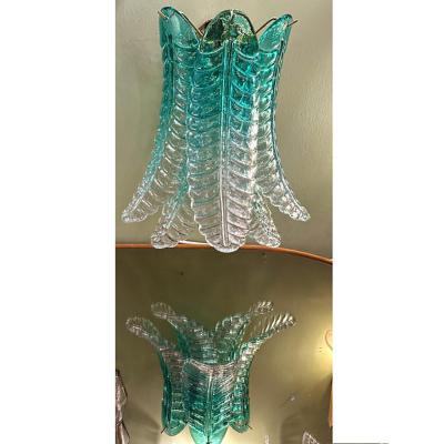 Contemporary Scenographic Set of Two Greeen Felci Murano Glass Wall Sconces