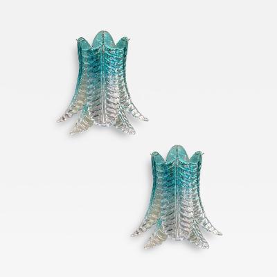 Contemporary Scenographic Set of Two Greeen Felci Murano Glass Wall Sconces