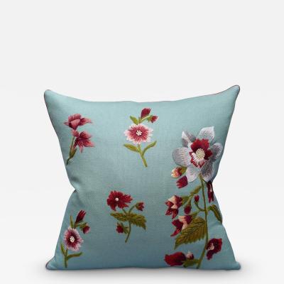 Contemporary Soft Blue Merino Wool and Linen Pillow with Embroidered Florals