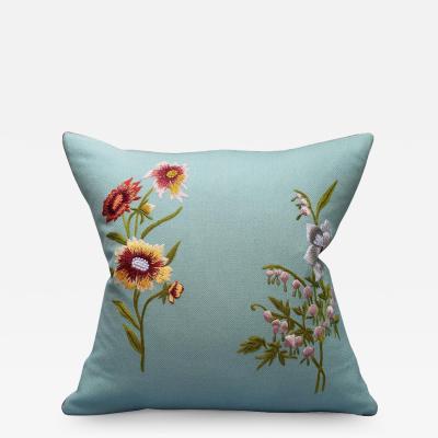 Contemporary Soft Blue Merino Wool and Linen Pillow with Embroidered Florals