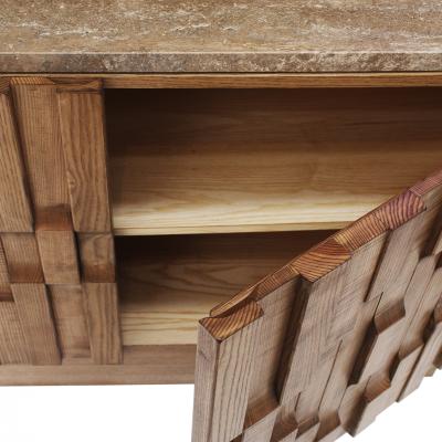 Contemporary Solid Oak Wood And Travertine Pair Of Italian Sideboards
