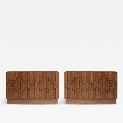 Contemporary Solid Oak Wood And Travertine Pair Of Italian Sideboards