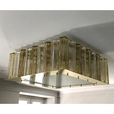 Contemporary Square Italian Crystal Amber Murano Glass Flush Chandelier Pendant
