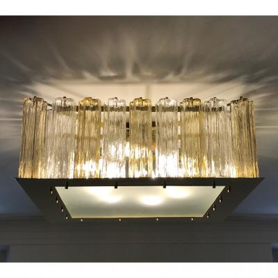 Contemporary Square Italian Crystal Amber Murano Glass Flush Chandelier Pendant