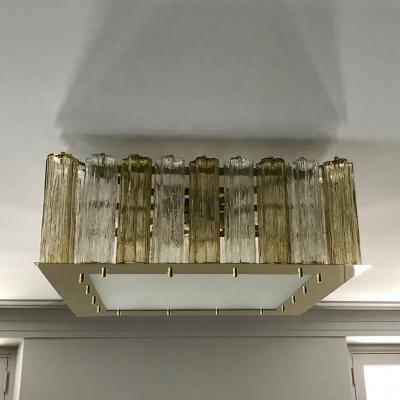 Contemporary Square Italian Crystal Amber Murano Glass Flush Chandelier Pendant