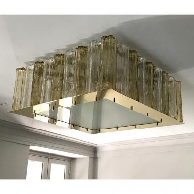 Contemporary Square Italian Crystal Amber Murano Glass Flush Chandelier Pendant