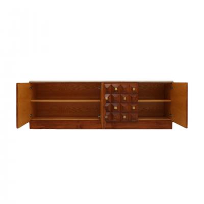 Contemporary Square Pattern Oak Wood Brass and Travertine Top Italian Sideboard