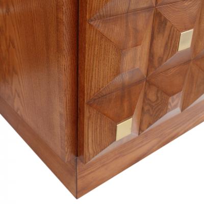 Contemporary Square Pattern Oak Wood Brass and Travertine Top Italian Sideboard
