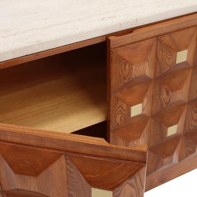 Contemporary Square Pattern Oak Wood Brass and Travertine Top Italian Sideboard