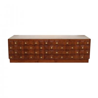 Contemporary Square Pattern Oak Wood Brass and Travertine Top Italian Sideboard