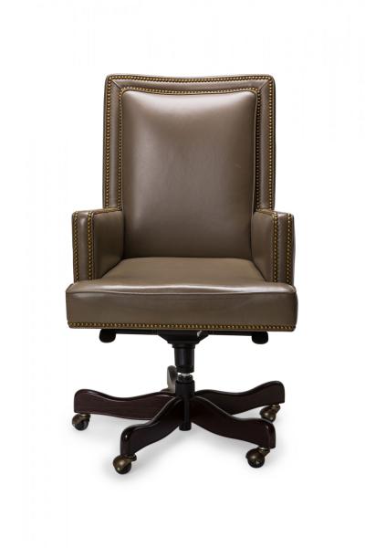 Contemporary Taupe Leather Brass Studded Swivel Rolling Office Chair