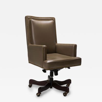 Contemporary Taupe Leather Brass Studded Swivel Rolling Office Chair