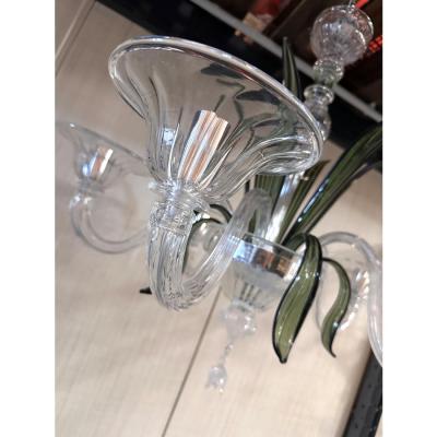 Contemporary Transparent and Green Leaves Chandelier in Murano Glass
