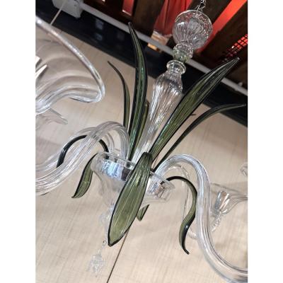 Contemporary Transparent and Green Leaves Chandelier in Murano Glass