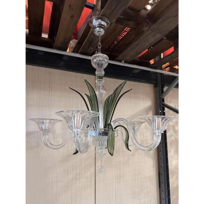 Contemporary Transparent and Green Leaves Chandelier in Murano Glass