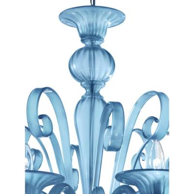 Contemporary Venetian Blue Satin Murano Glass Chandelier 8 Arms