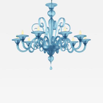 Contemporary Venetian Blue Satin Murano Glass Chandelier 8 Arms
