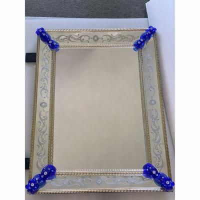 Contemporary Venetian Murano Glass Wall Mirror With Green Floral Hand Carved