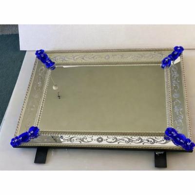 Contemporary Venetian Murano Glass Wall Mirror With Green Floral Hand Carved