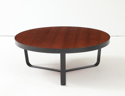 Contemporary Walnut Top Coffee Table W Brass Details and Blackened Steel Frame