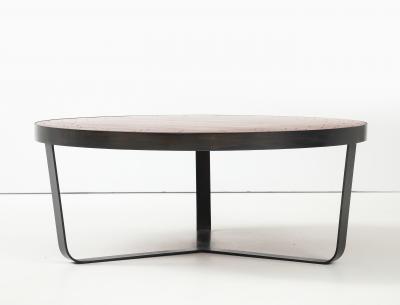 Contemporary Walnut Top Coffee Table W Brass Details and Blackened Steel Frame