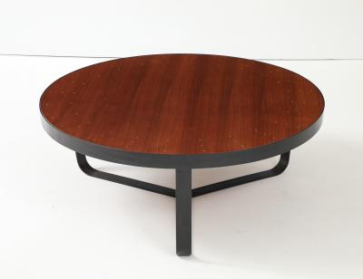 Contemporary Walnut Top Coffee Table W Brass Details and Blackened Steel Frame