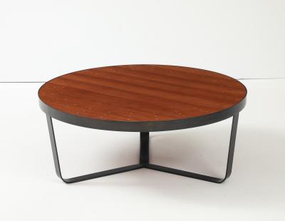 Contemporary Walnut Top Coffee Table W Brass Details and Blackened Steel Frame