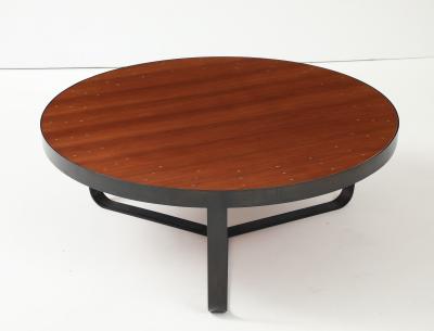 Contemporary Walnut Top Coffee Table W Brass Details and Blackened Steel Frame